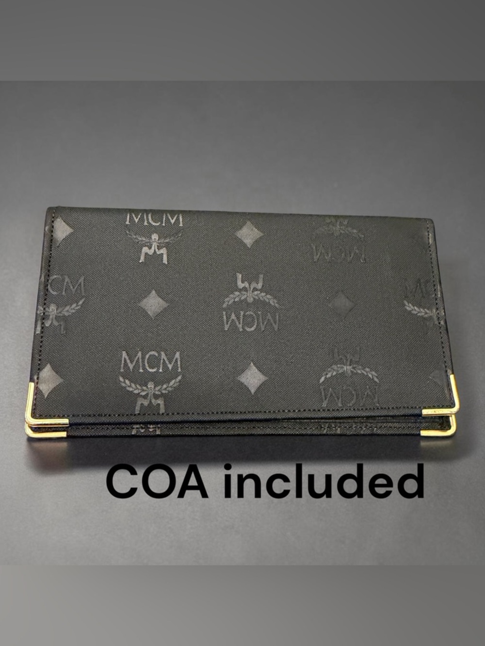 MCM Black Monogram check book Wallet with Subtle Gold Trim